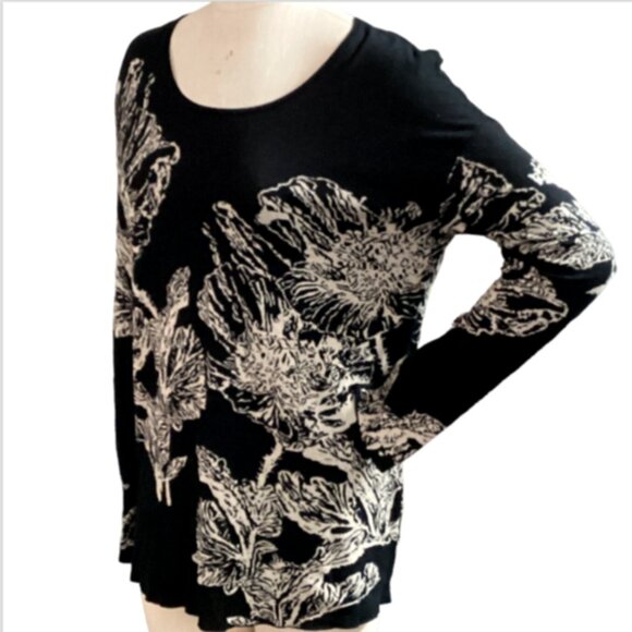J Jill Black & Tan Graphic Floral Cotton Oversize Tunic Sweater Missy M #73i - Picture 3 of 9